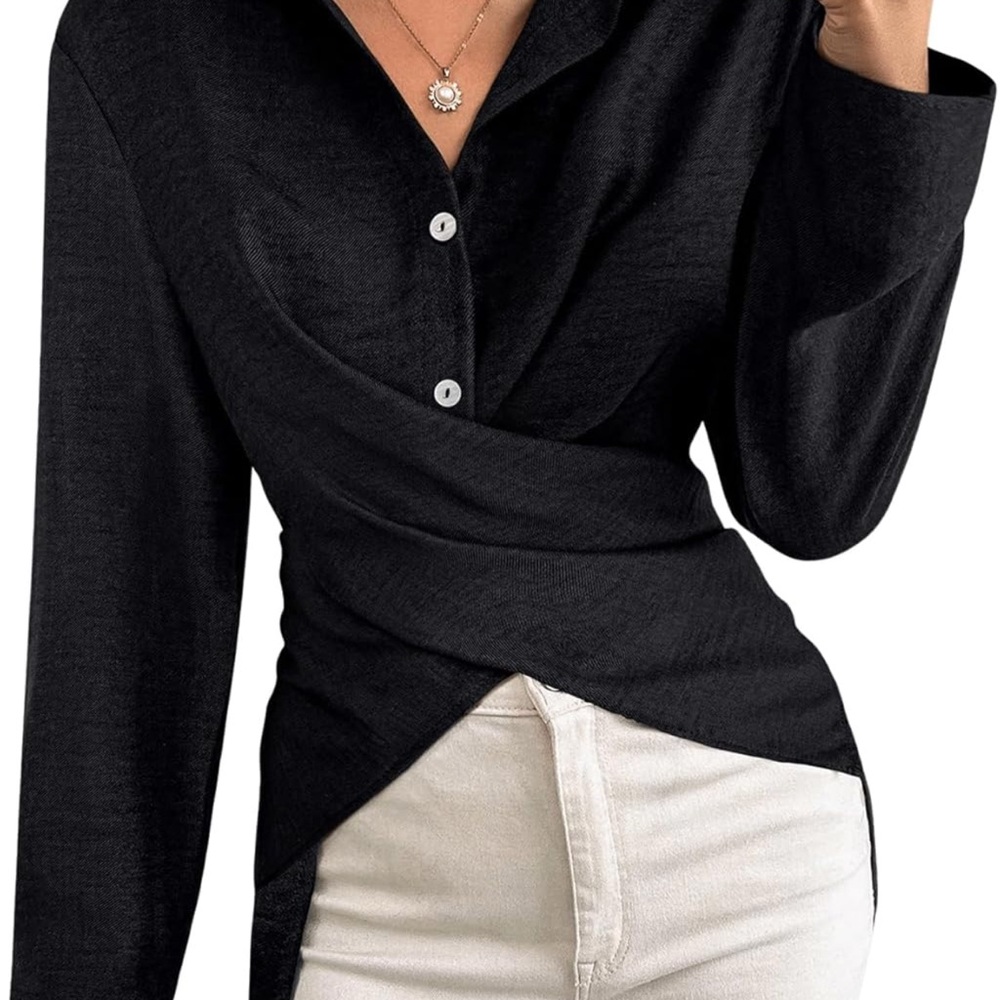 SweatyRocks Women's Wrap Button Down Blouse - Black Tie Back Asymmetrical Shirt
